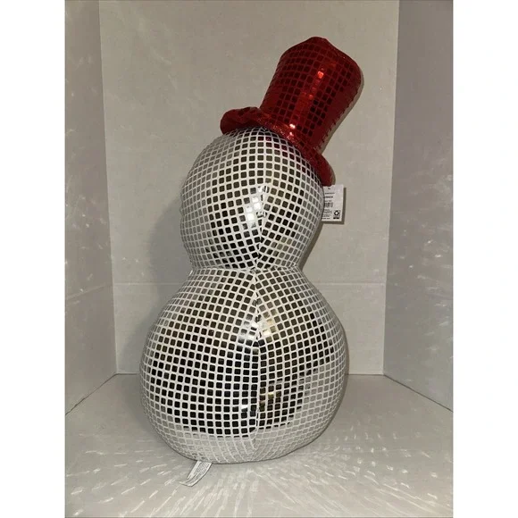 Holiday Snowman Disco Ball Silver Mirrored Tabletop Decor Red Top Hat New - Picture 4 of 4
